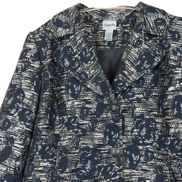 Chicos Tweed Floral Print Buttoned Blazer Jacket Navy Blue Black Gray Size 2 / L - Picture 3 of 7